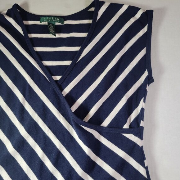 Lauren Ralph Lauren Cotton Navy & White Striped V-Neck Faux Wrap-Style Top M - Picture 3 of 5